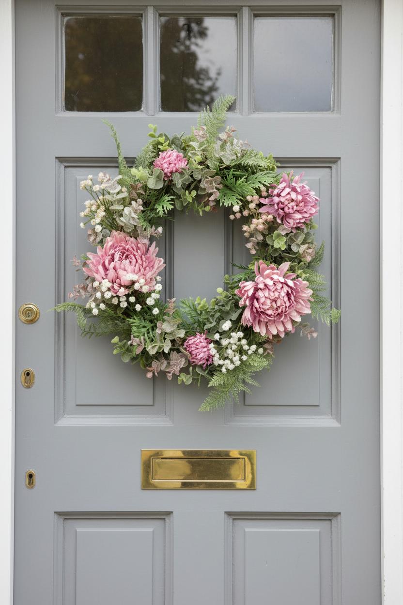 Pink chrysanthemum wreath grey painted door cottage entrance UK decor