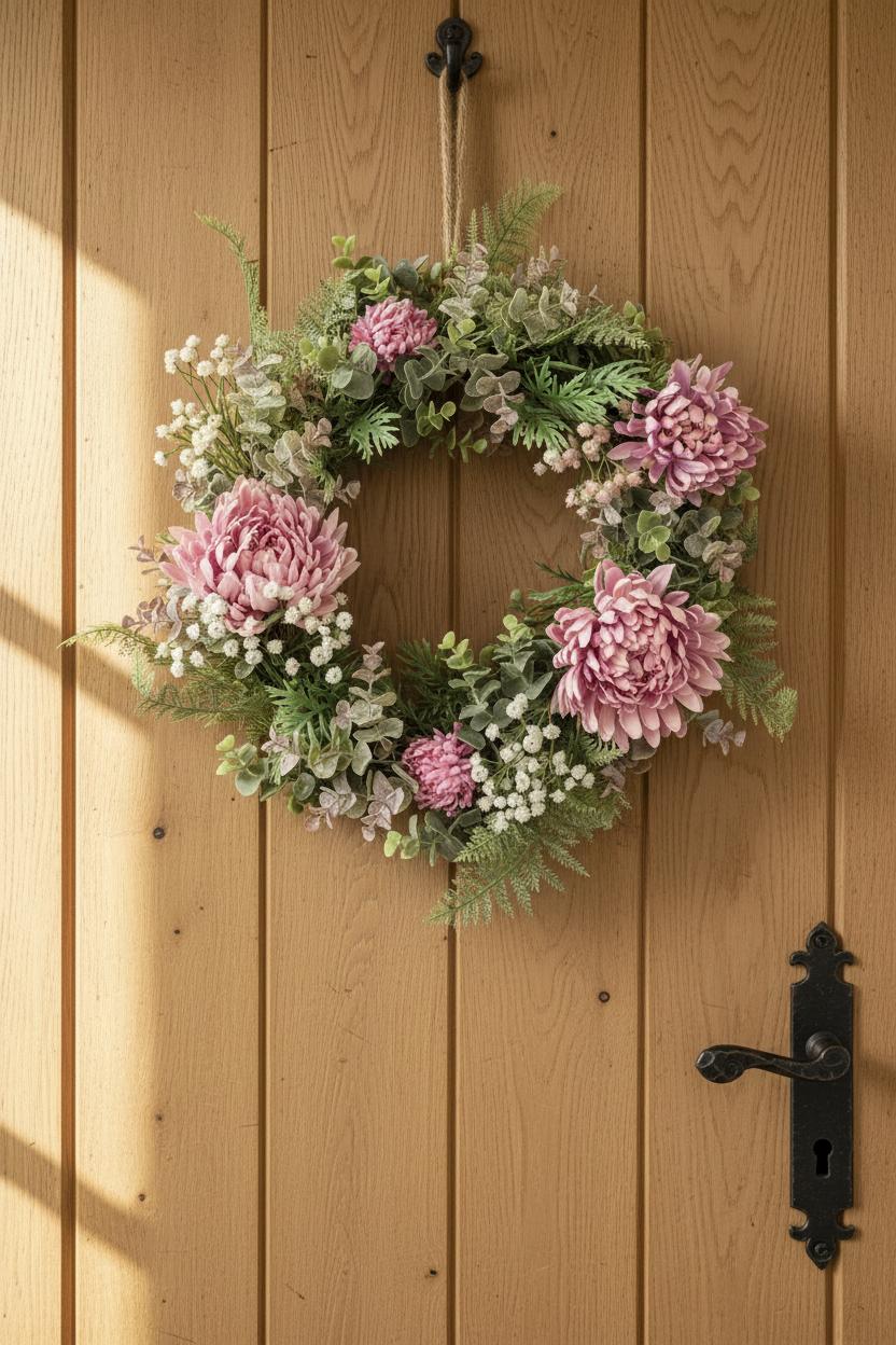 Pink chrysanthemum wreath oak wooden door farmhouse entrance UK styling
