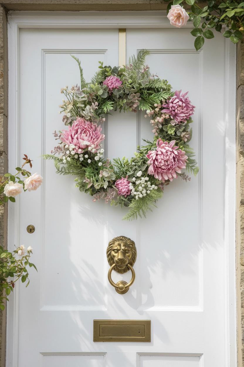Pink chrysanthemum wreath white cottage door British country home UK