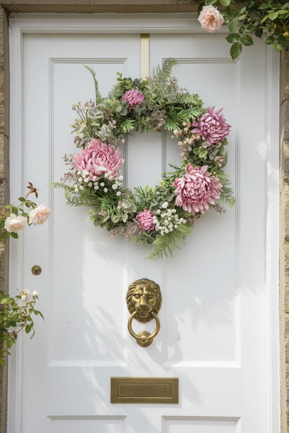 Pink chrysanthemum wreath white cottage door British country home UK