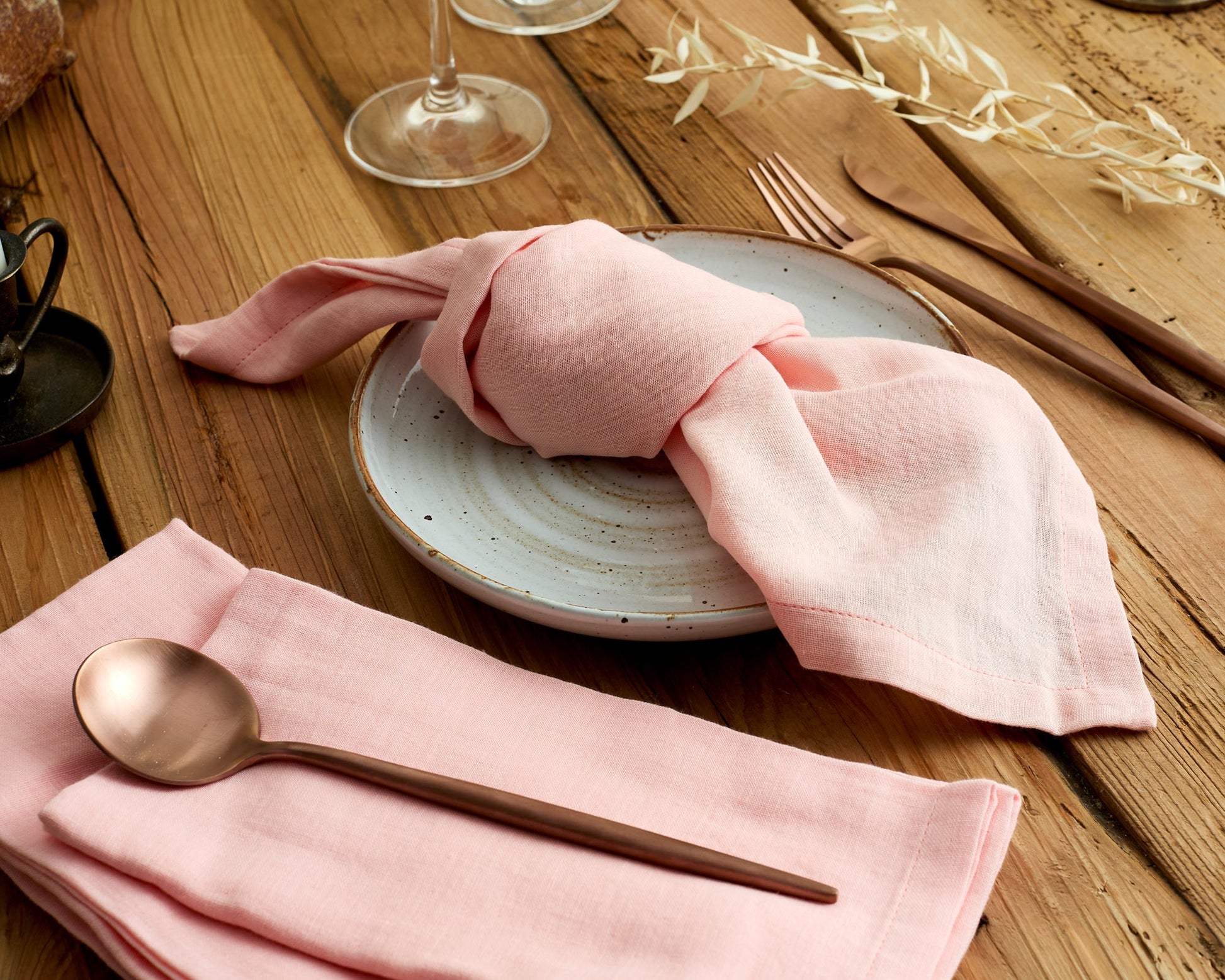Soft pink muslin napkins countryside dining table setting UK homeware