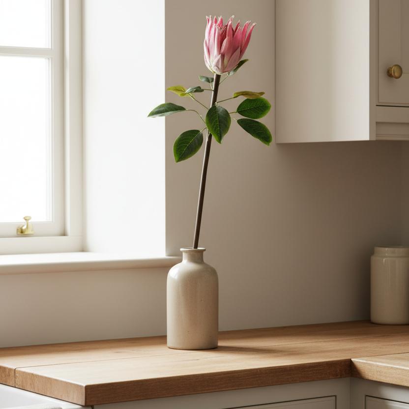 Pink protea stem kitchen windowsill vase UK farmhouse country styling