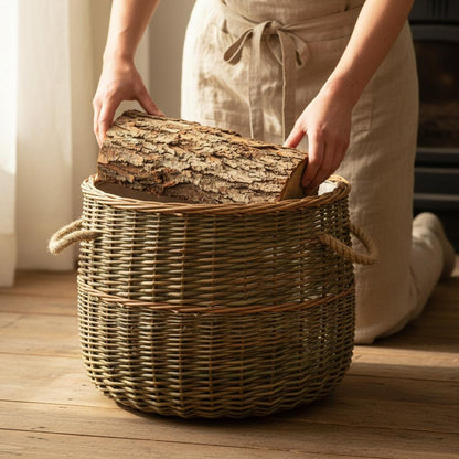 Hands placing log in handwoven wicker basket showing rope handles detail UK