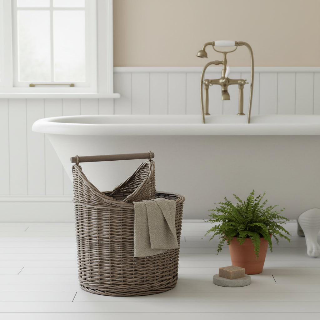 Close-up of Privy Keeper wicker basket showing handwoven antique wash finish and natural texture UK
