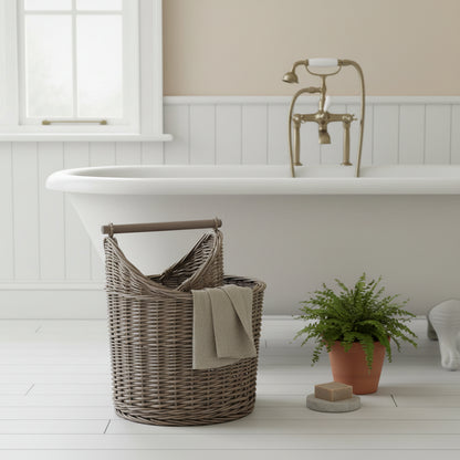 Close-up of Privy Keeper wicker basket showing handwoven antique wash finish and natural texture UK
