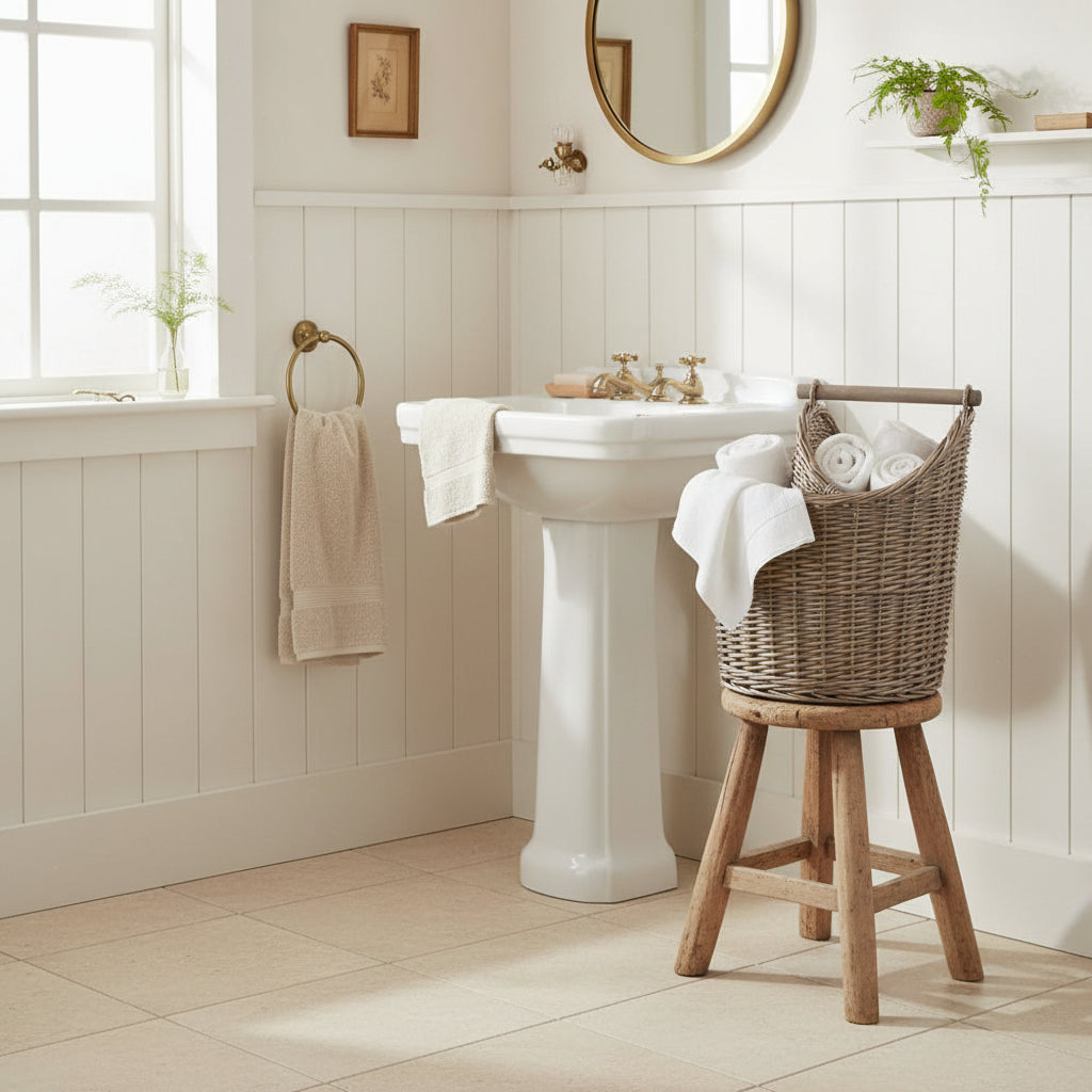 Privy Keeper antique wash wicker basket 34cm on cottage bathroom shelf with rolled white towels UK