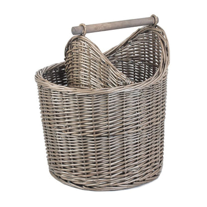 The Privy Keeper antique wash wicker bathroom basket 34cm round with handle on white background UK