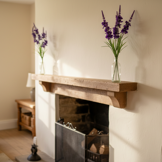 Purple larkspur stems mantelpiece cottage living room UK country home decor