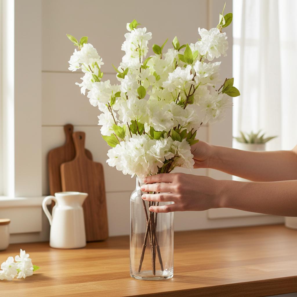 Realistic faux white blossom stems being arranged showing quality UK
