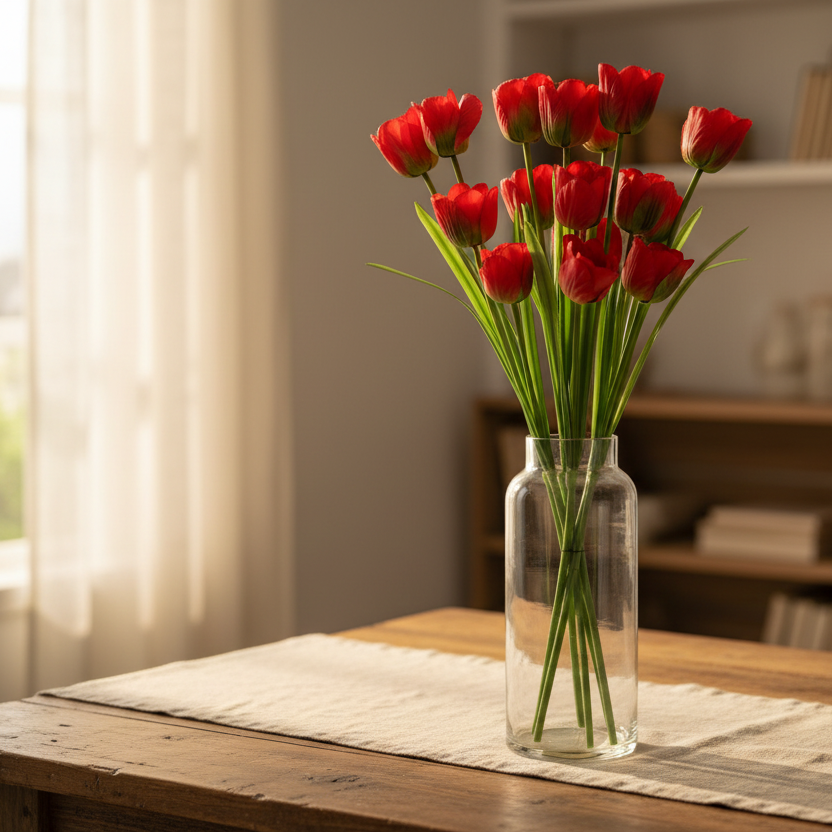 Red tulip stems in tall vase rustic farmhouse table warm cottage styling