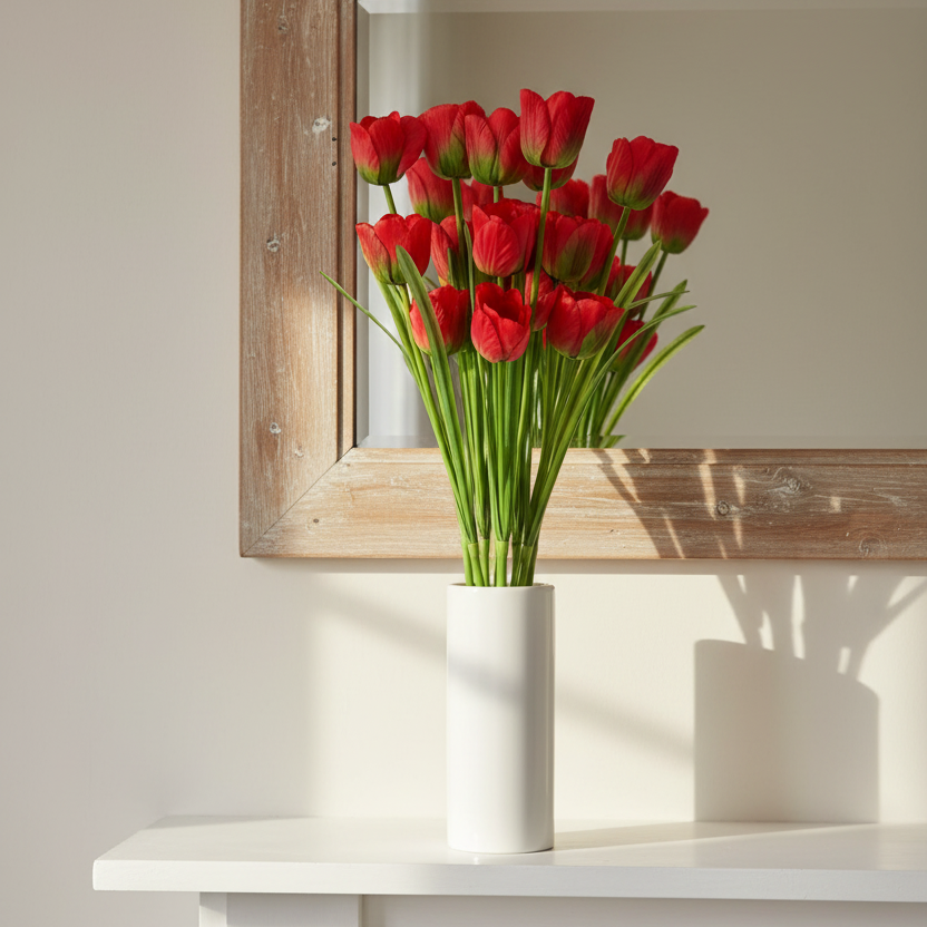Red tulip stems white ceramic vase mantelpiece cheerful spring cottage display