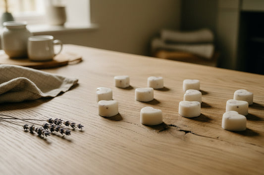 Rose geranium lavender ylang ylang vetiver wax melts with rose petals on rustic kitchen table
