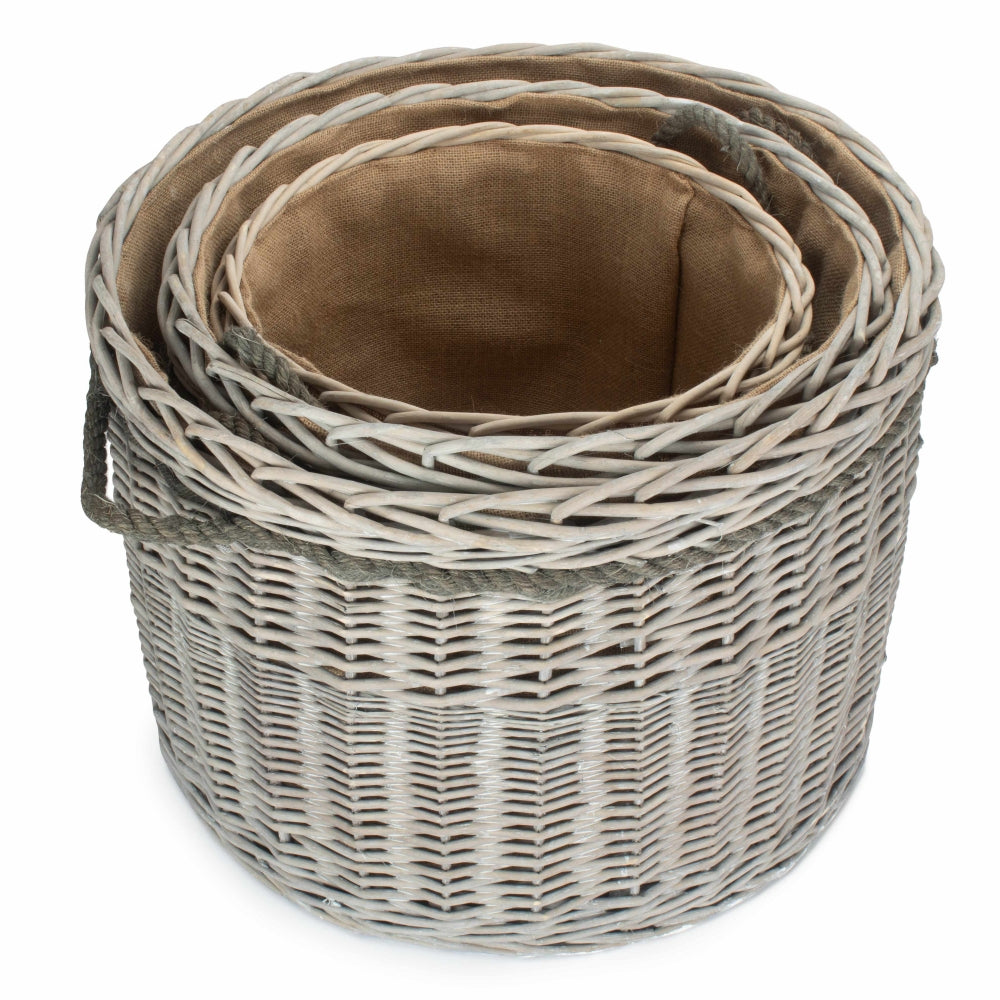 Round grey wash log basket Bretforton handwoven wicker fireside UK