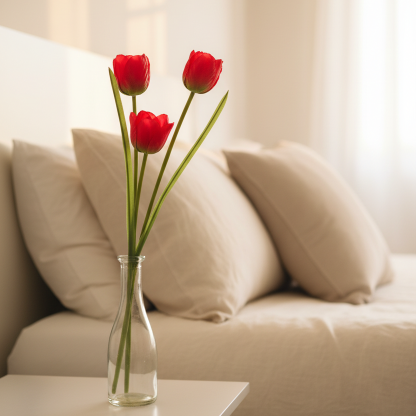 Red tulip stems glass vase bedside table peaceful bedroom cheerful colour
