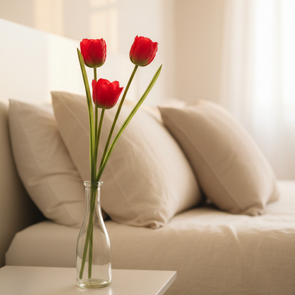 Red tulip stems glass vase bedside table peaceful bedroom cheerful colour