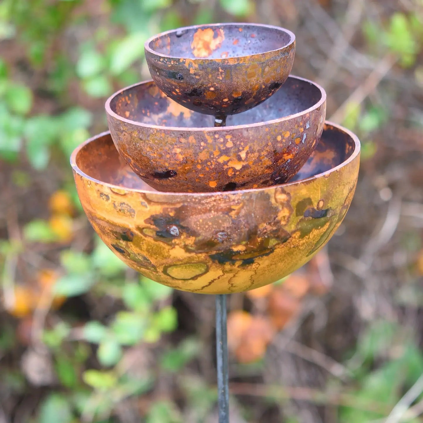 Rusted fountain stake three-tier rain catcher weathered steel birdbath cottage garden UK