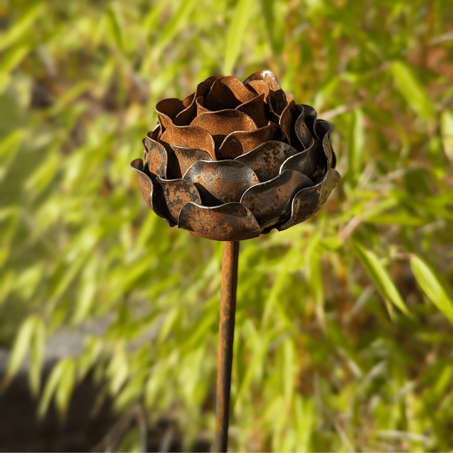 Rusted metal peony garden stake weathered brown patina layered petals cottage garden UK