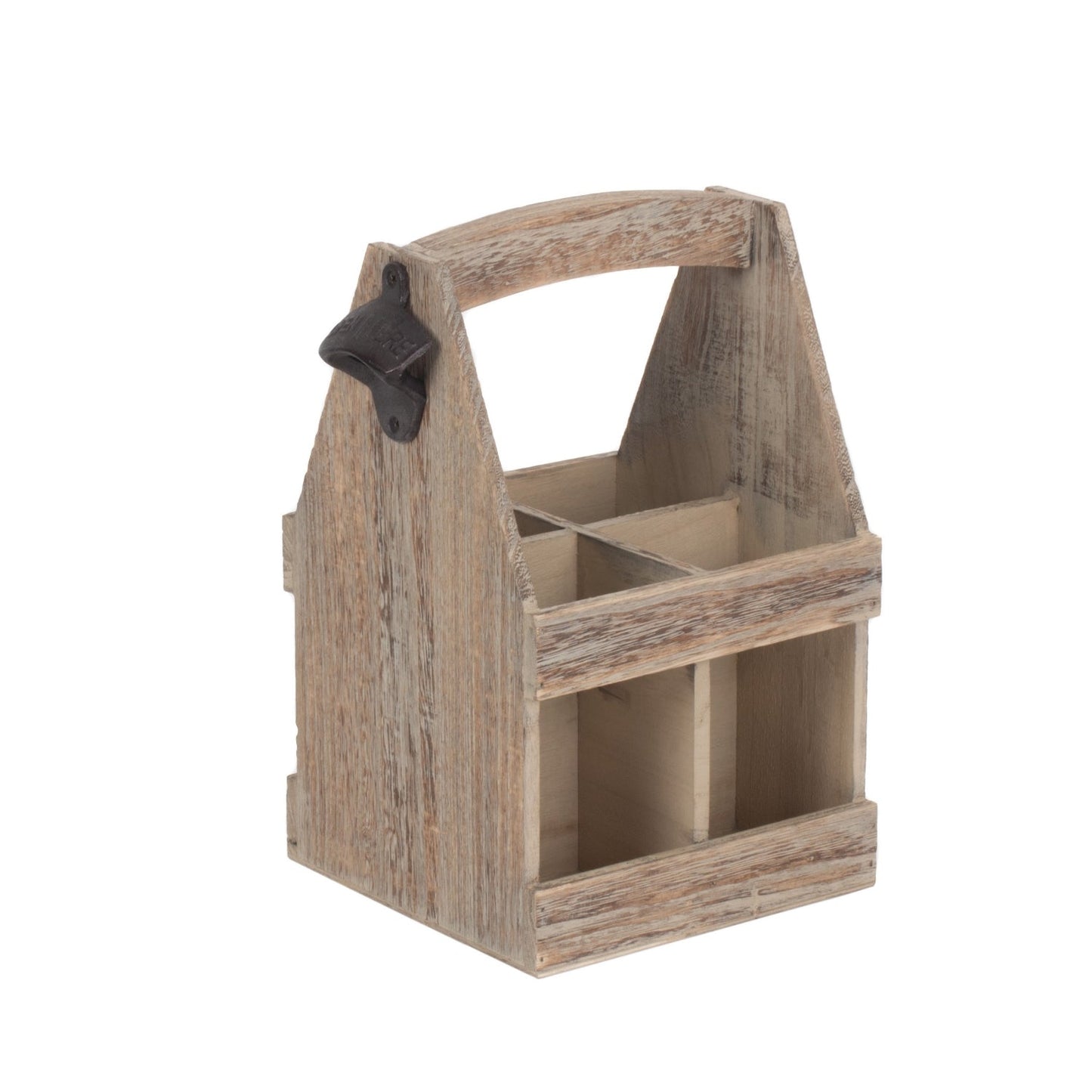 Rustic wood-effect beer caddy with built-in opener, shown empty on plain background.