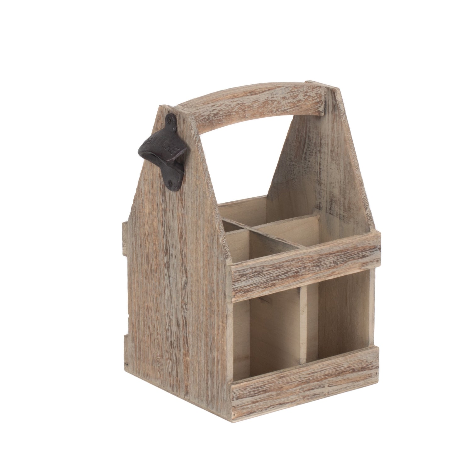 Rustic wood-effect beer caddy with built-in opener, shown empty on plain background.