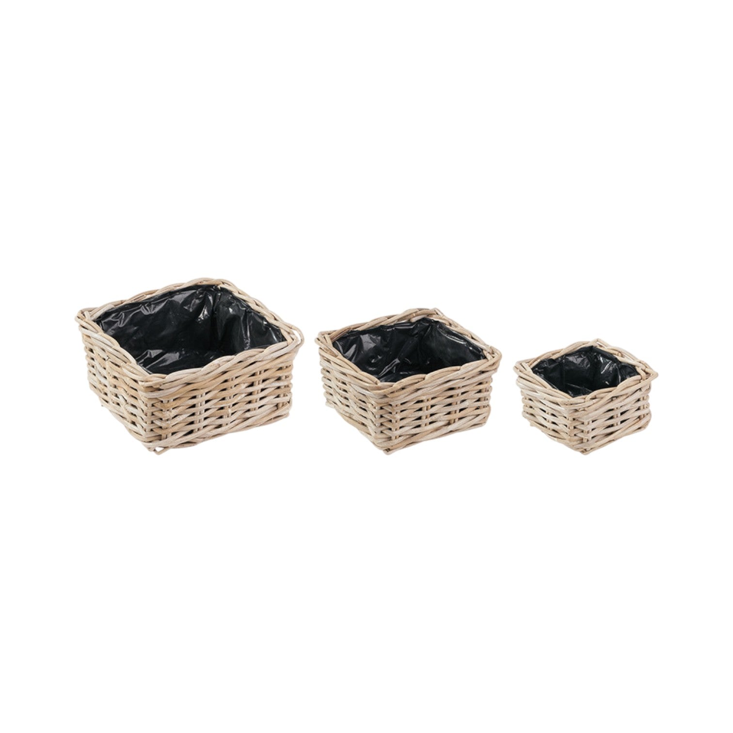 Set of 3 square rattan planters Spetchley grey Kubu basket UK cottage garden