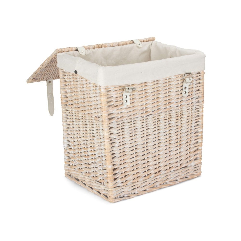 Single Edith’s Washday Basket – white-washed wicker laundry hamper with faux leather straps and removable cotton lining, styled for timeless washday charm and rustic home organisation.