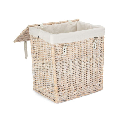 Single Edith’s Washday Basket – white-washed wicker laundry hamper with faux leather straps and removable cotton lining, styled for timeless washday charm and rustic home organisation.
