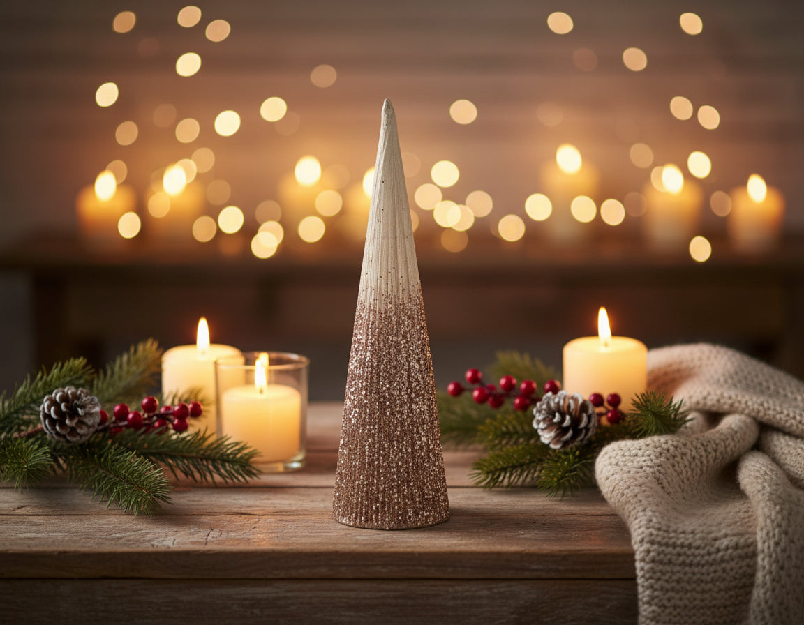 Snowed Christmas cone tree festive mantel decoration in scene with candles, sprigs and throw
