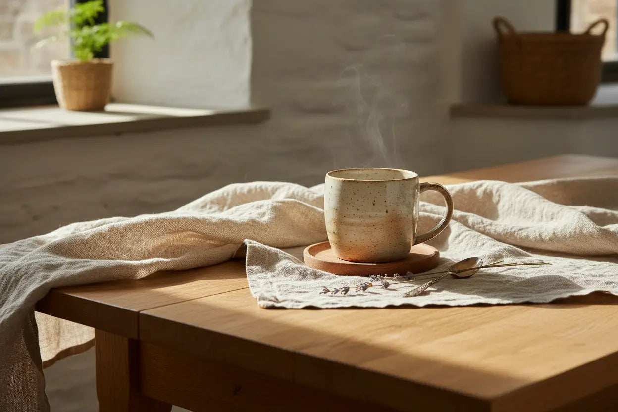 Steaming mug on a wooden table with a soft, warm background