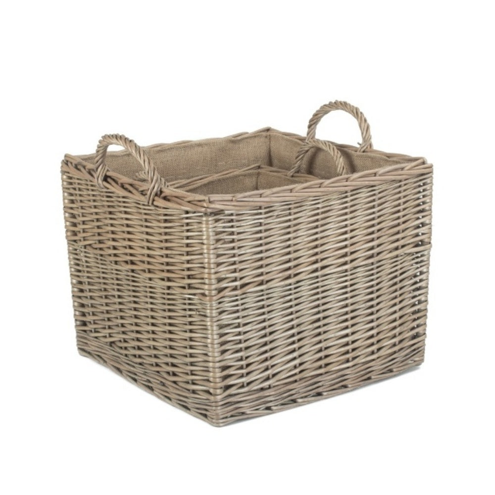 Square antique wash wicker basket hessian lined fireside storage UK