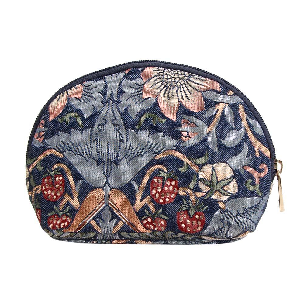 Strawberry Thief blue cosmetic bag UK showing William Morris heritage tapestry pattern detail
