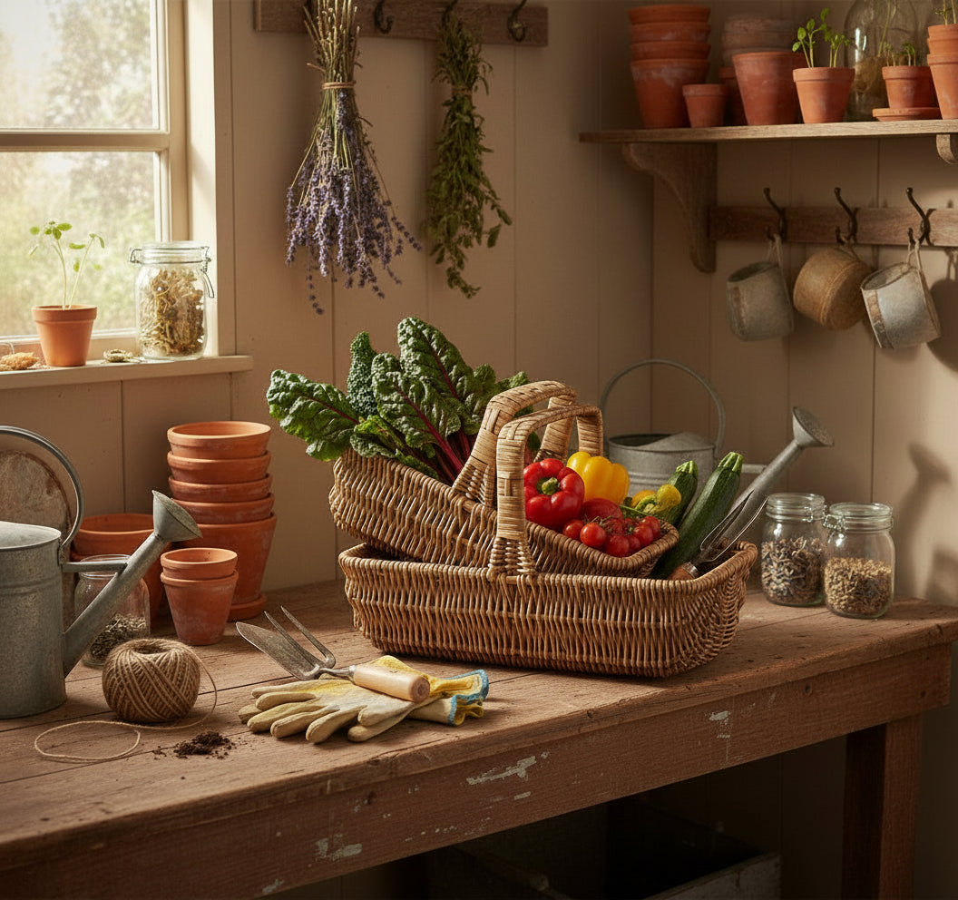 Rectangular wicker garden trug vegetables potting shed harvest UK