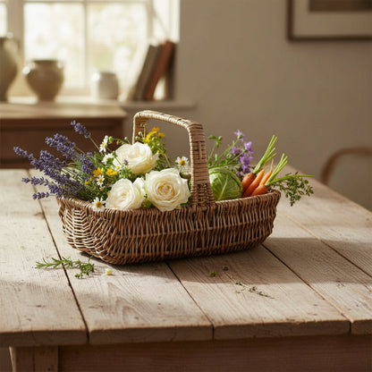 Rectangular wicker garden trug flowers vegetables wooden table UK
