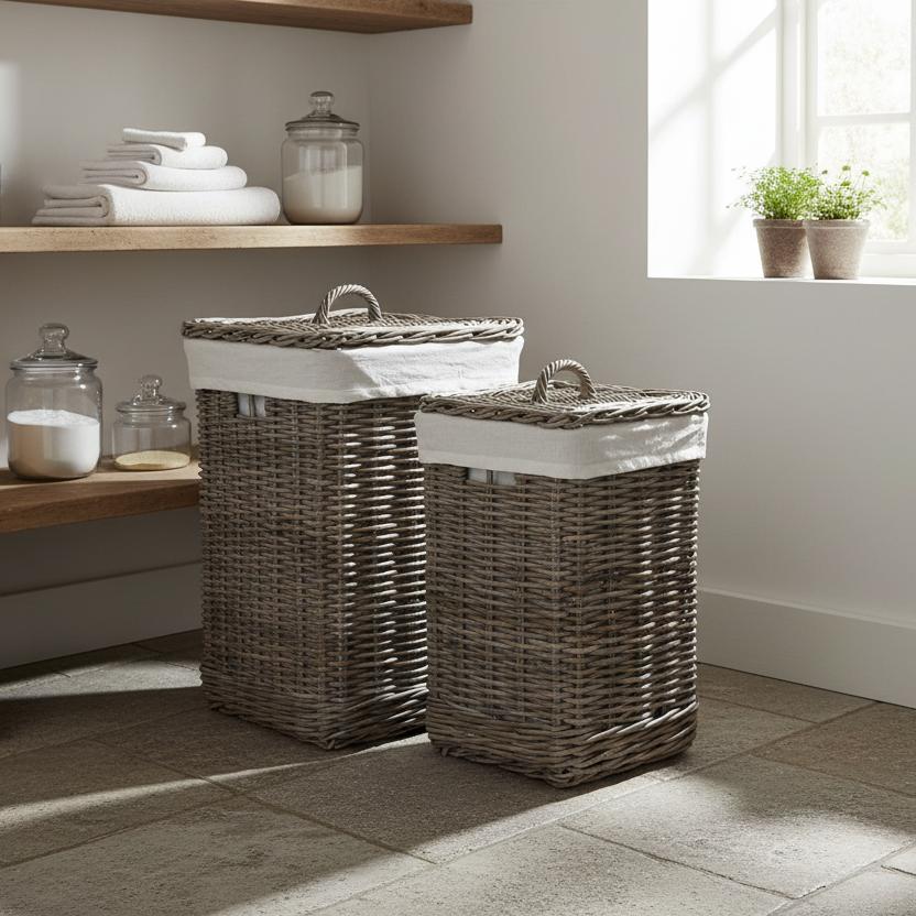 Tall grey Kubu square rattan baskets on utility bench UK country home storage
