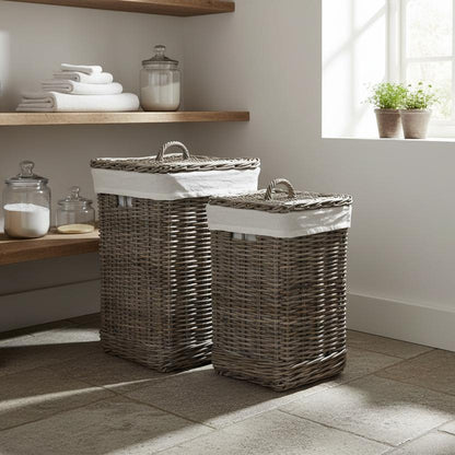 Tall grey Kubu square rattan baskets on utility bench UK country home storage
