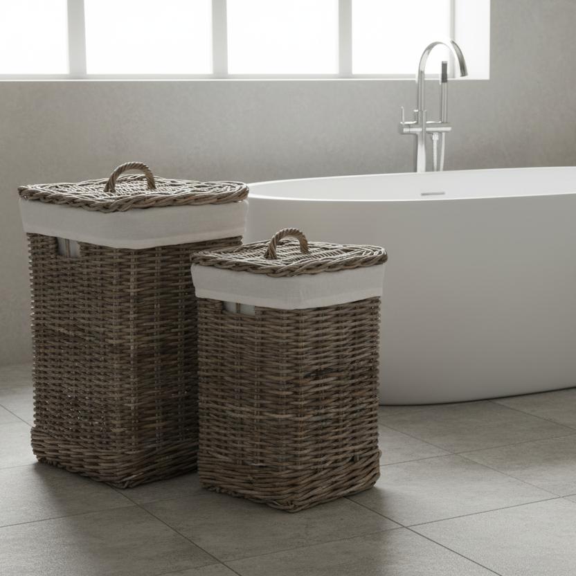 Tall grey Kubu square storage baskets bathroom corner UK spa-like country cottage
