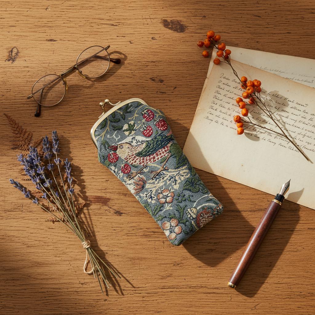 Premium tapestry glasses case flat lay oak desk UK Arts & Crafts style
