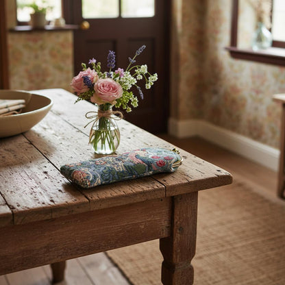 Tapestry glasses pouch hallway table cottage interior UK country home
