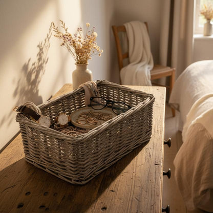 Grey wash wicker storage tray bedroom dresser jewellery rustic UK
