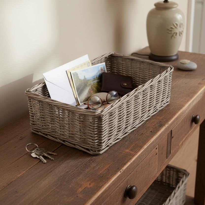 Grey wash wicker storage tray hallway console keys accessories rustic UK
