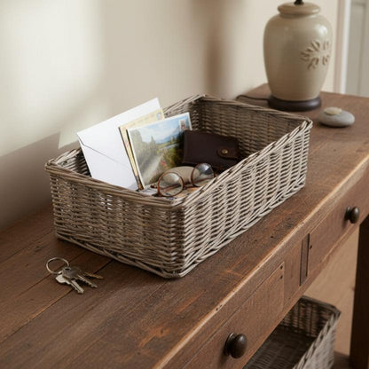 Grey wash wicker storage tray hallway console keys accessories rustic UK
