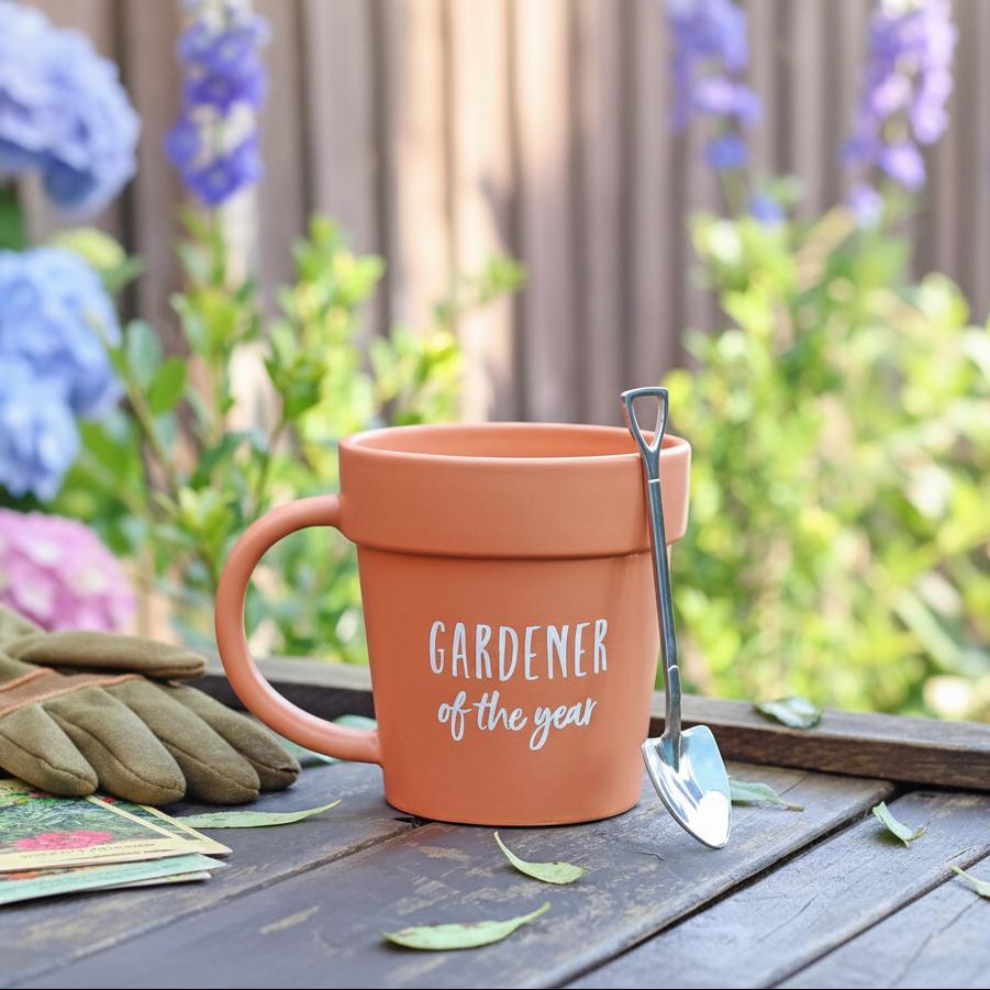 Terracotta gardening mug with herbs in rustic potting shed gift UK