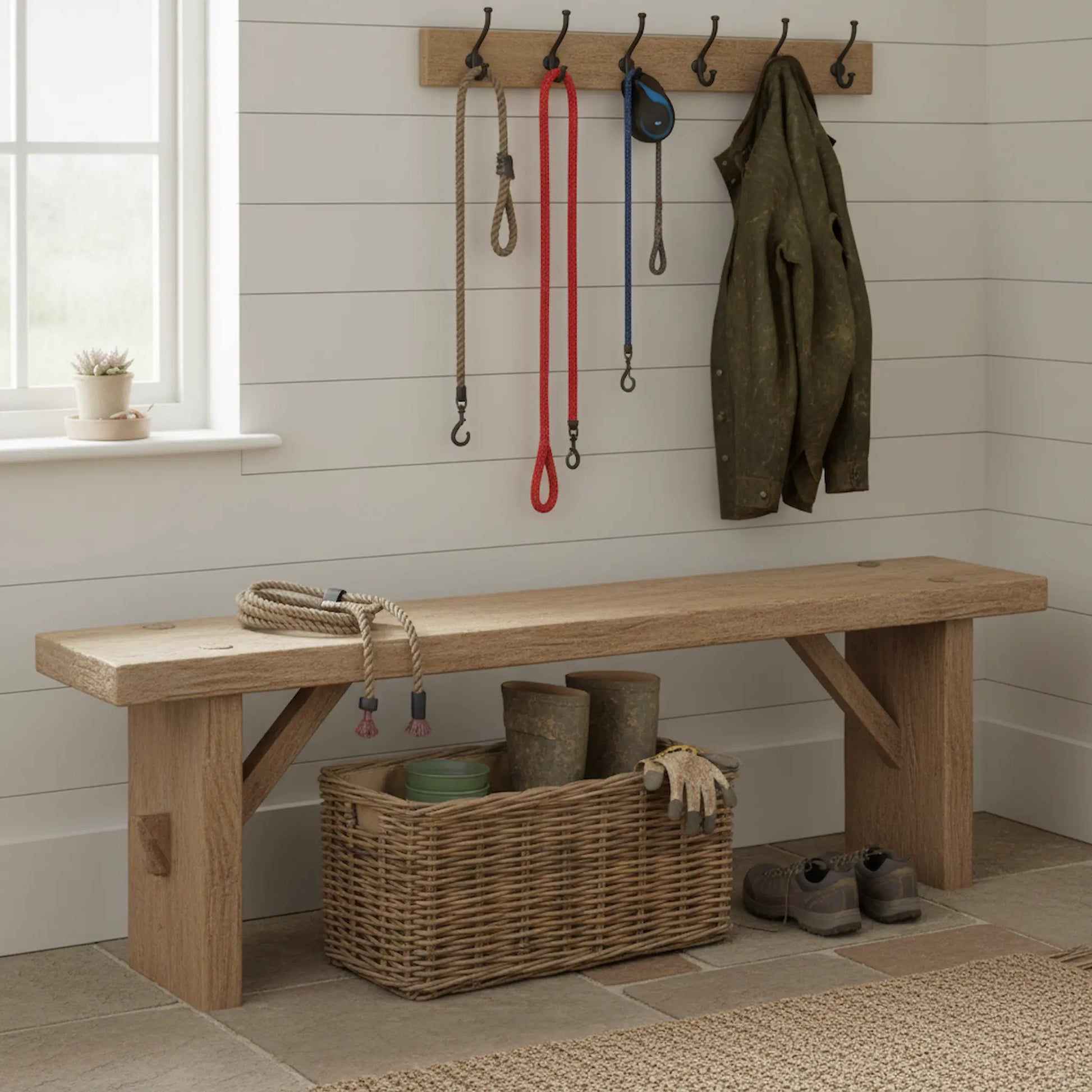 Tew rattan basket under bench UK bootroom dog leads farmhouse storage
