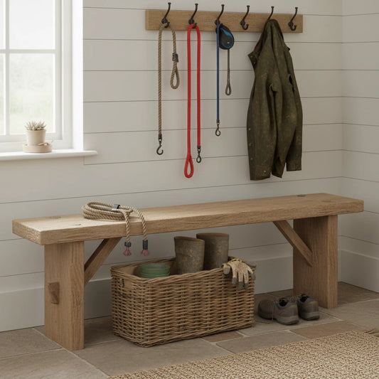 Tew rattan basket under bench UK bootroom dog leads farmhouse storage
