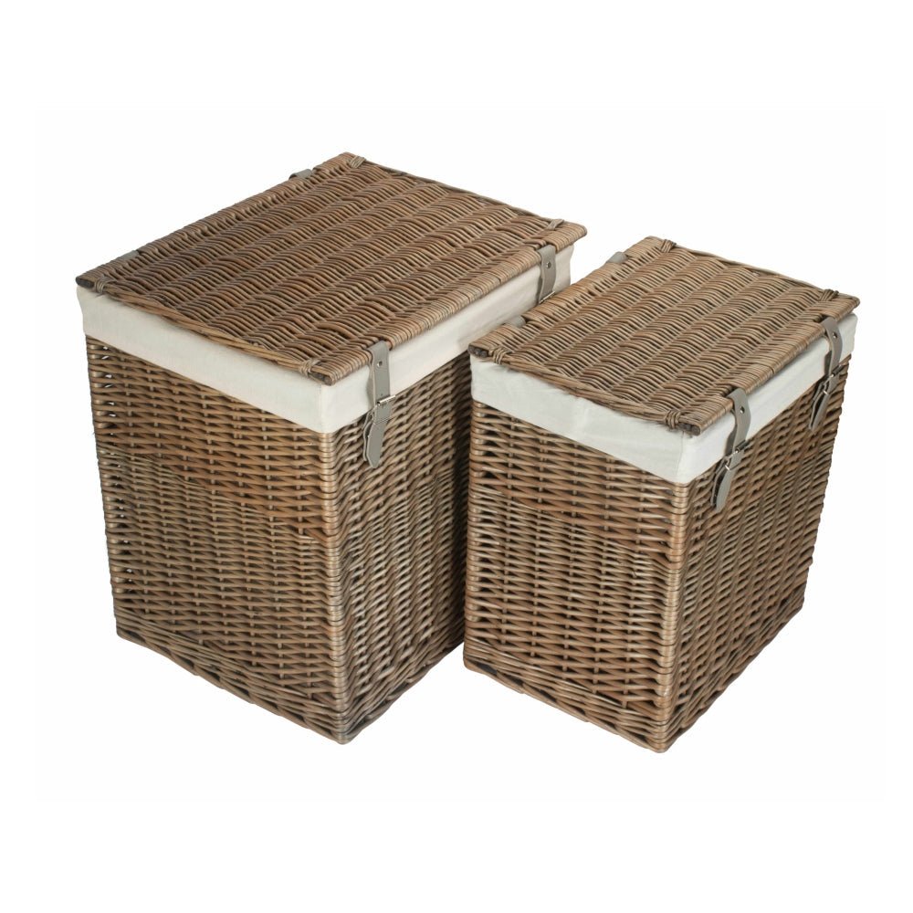 Rectangular wicker laundry basket antique wash with cotton lining on white background