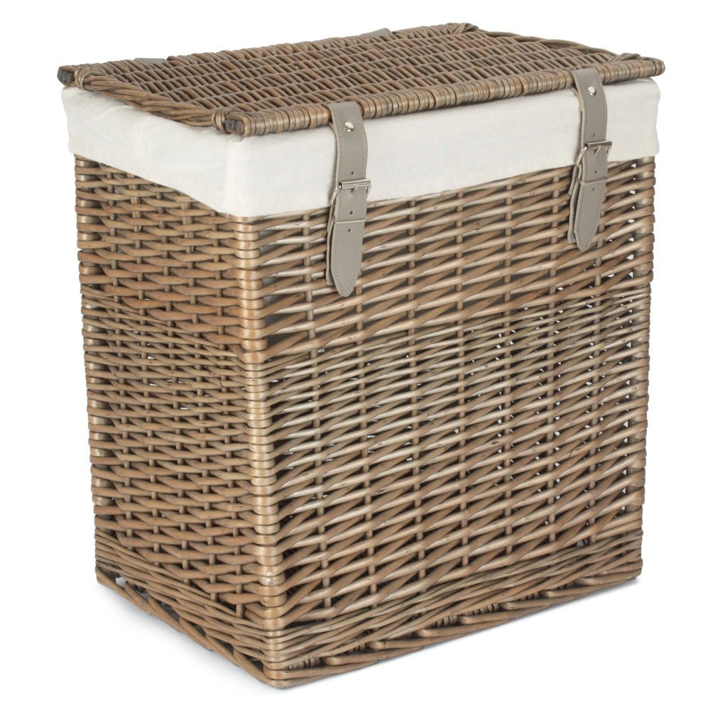 Set of two rectangular wicker laundry baskets antique wash in small and large sizes with cotton lining