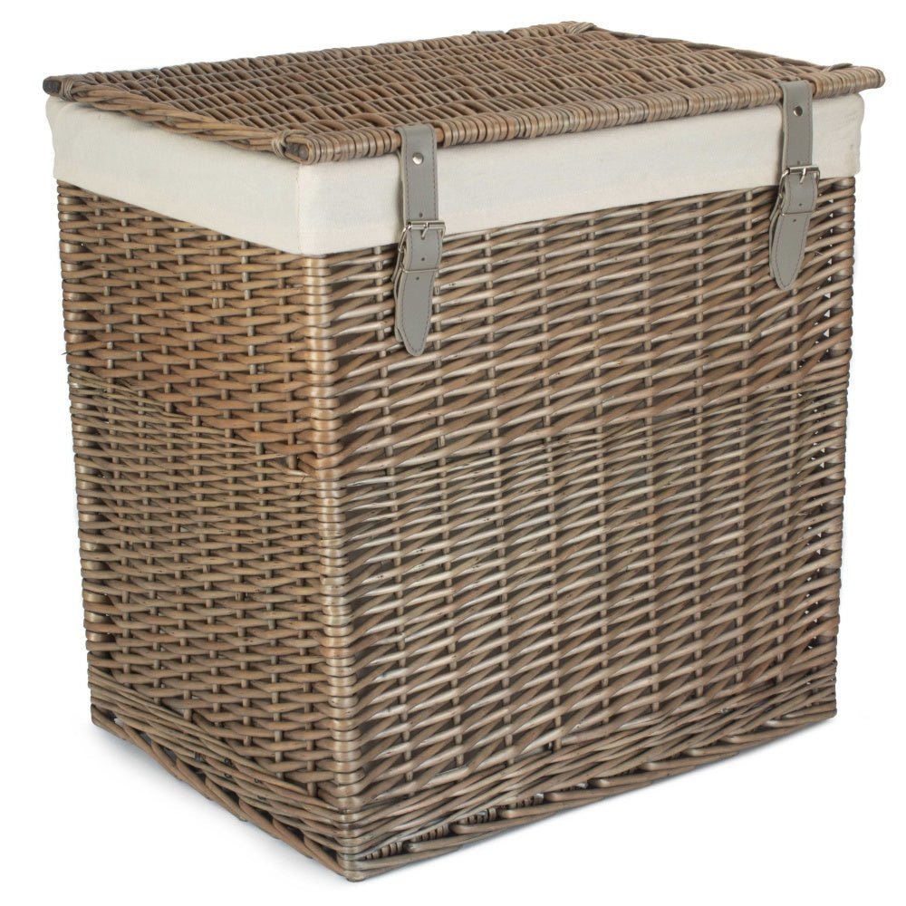 Rectangular wicker laundry basket antique wash close-up showing willow weave and heritage finish