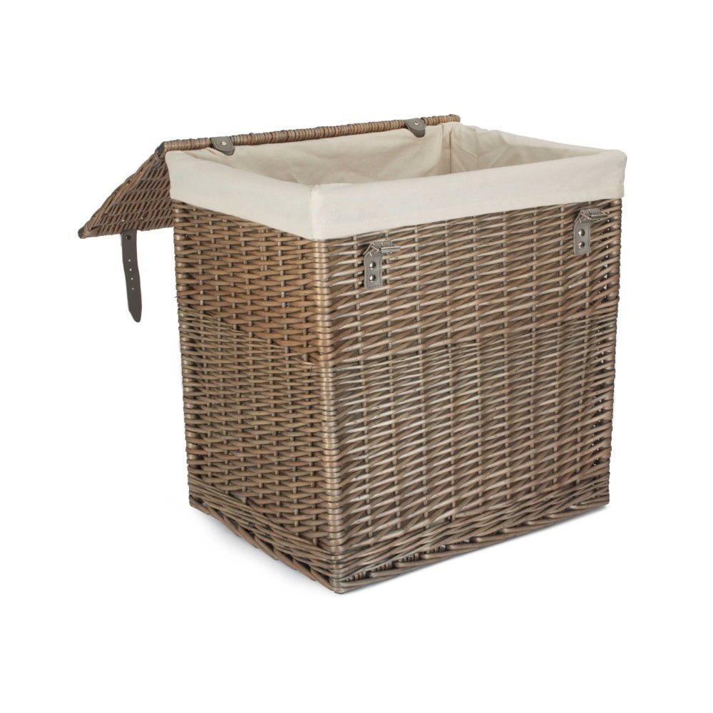 Large rectangular wicker laundry basket antique wash with removable cotton lining detail