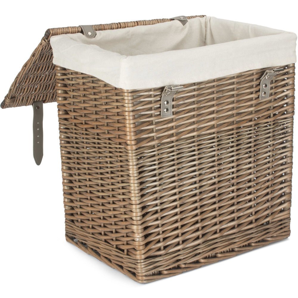Rectangular wicker laundry basket antique wash showing handwoven willow texture and cotton lining