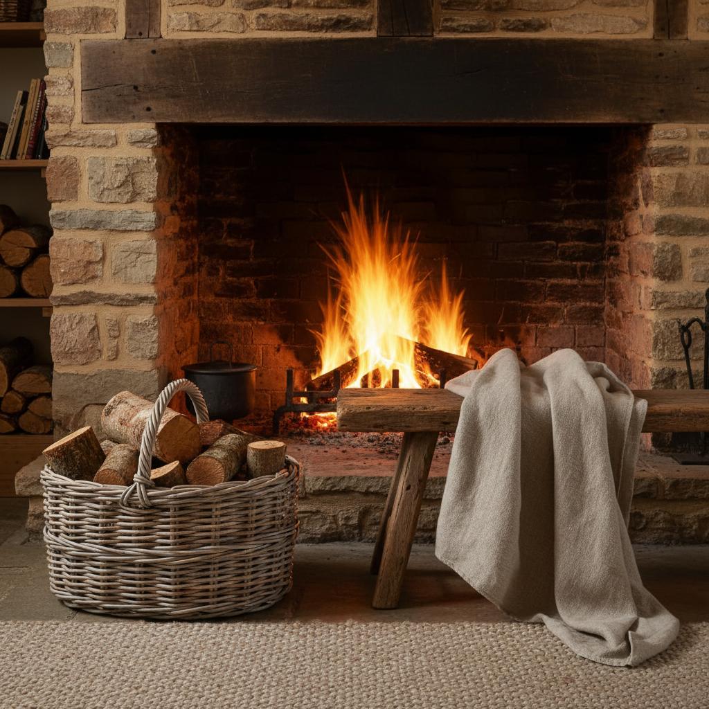 Grey Kubu rattan basket with logs beside cottage hearth for rustic storage UK