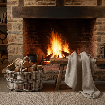 Grey Kubu rattan basket with logs beside cottage hearth for rustic storage UK